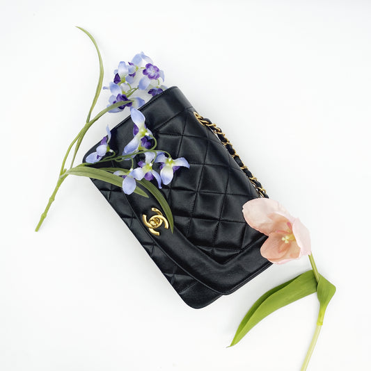 Sanjo, Vintage Authentic Chanel 3 series small black lambskin diana with seal and card