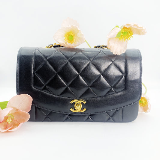 Sanjo, Vintage Authentic Chanel 3 series small black lambskin diana with seal and card