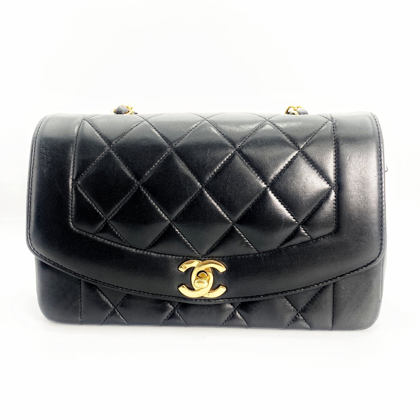 Paul Sr, Vintage Authentic Chanel 2 series small black lambskin diana with seal and card