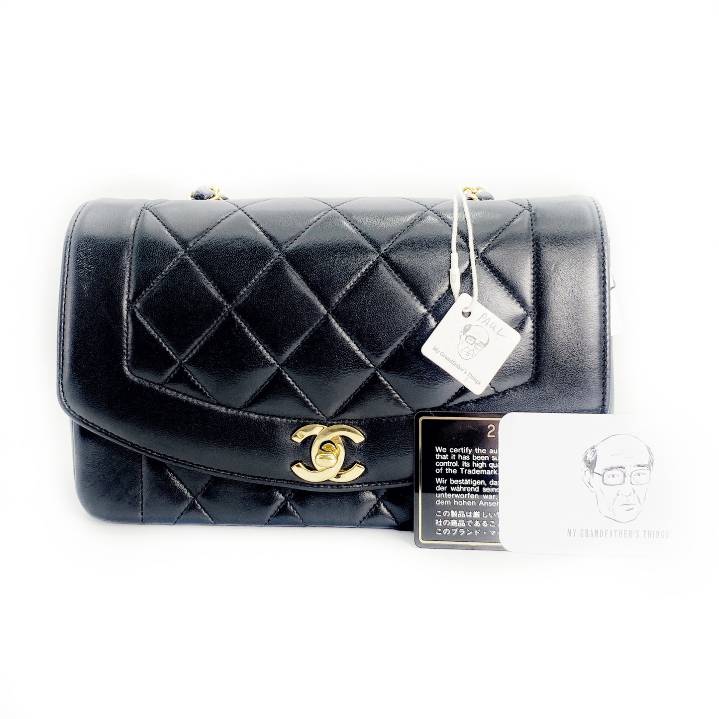 Paul Sr, Vintage Authentic Chanel 2 series small black lambskin diana with seal and card