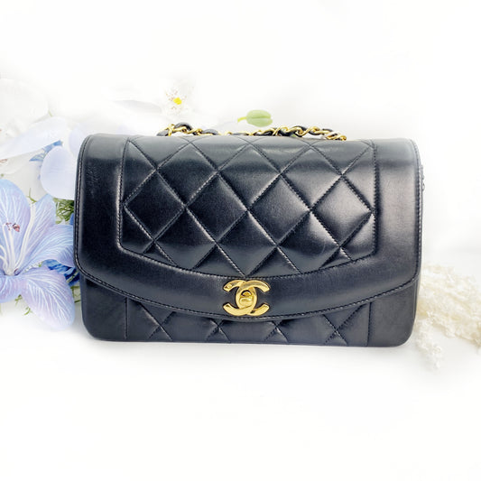 Paul Sr, Vintage Authentic Chanel 2 series small black lambskin diana with seal and card