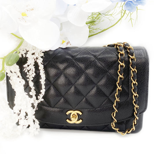 Solstice, Vintage Authentic Chanel 3 series medium black caviar diana with seal and card