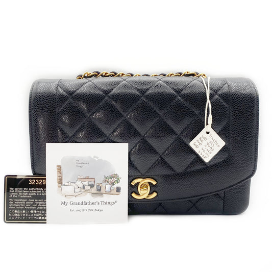 Solstice, Vintage Authentic Chanel 3 series medium black caviar diana with seal and card