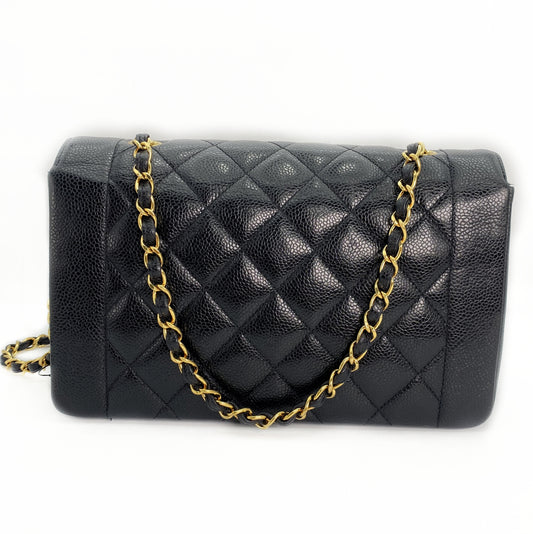 Solstice, Vintage Authentic Chanel 3 series medium black caviar diana with seal and card