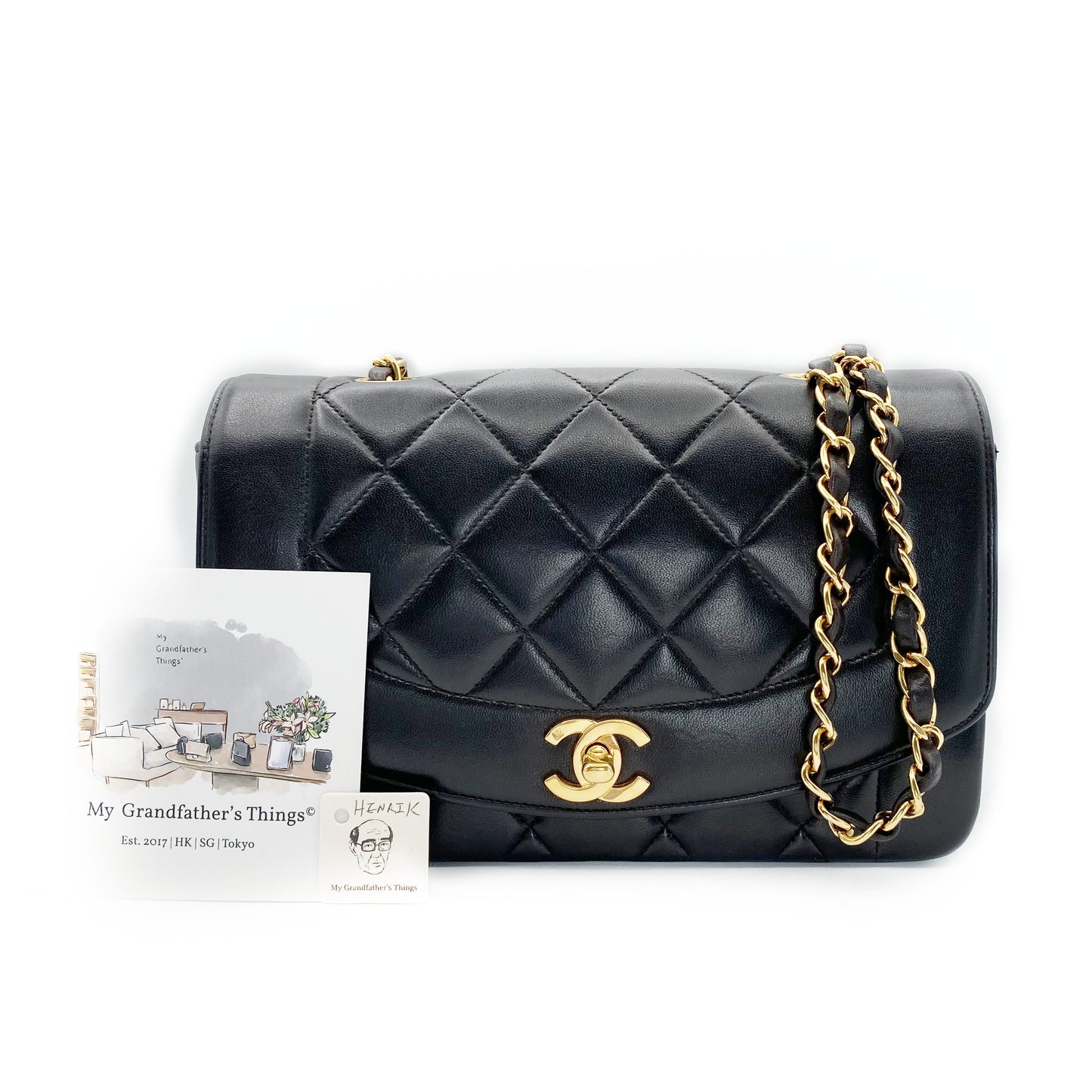 Henrik, Vintage Authentic Chanel 3 series small black lambskin diana with seal only