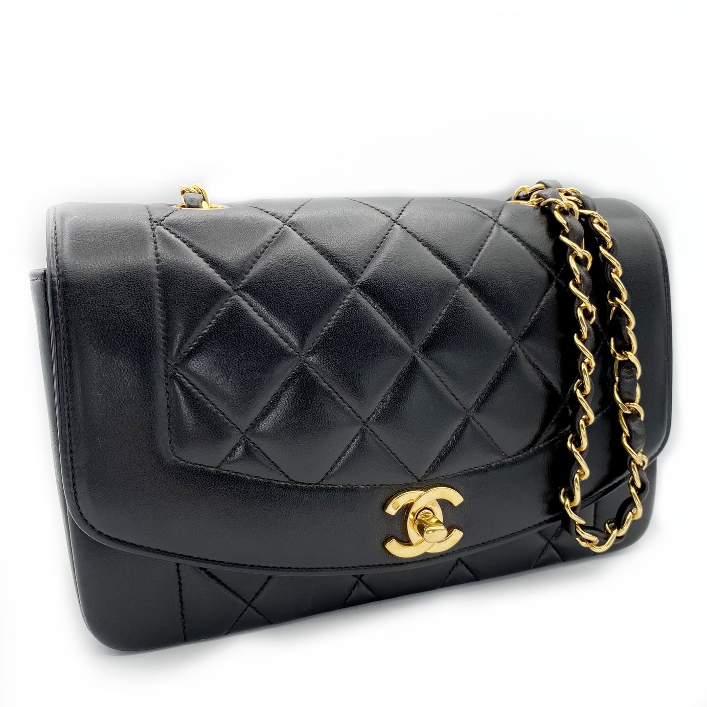 Henrik, Vintage Authentic Chanel 3 series small black lambskin diana with seal only