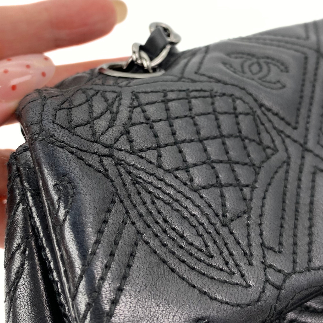 Ruelle, 10 Series Camellia Icon Motif Black Lambskin with seal only