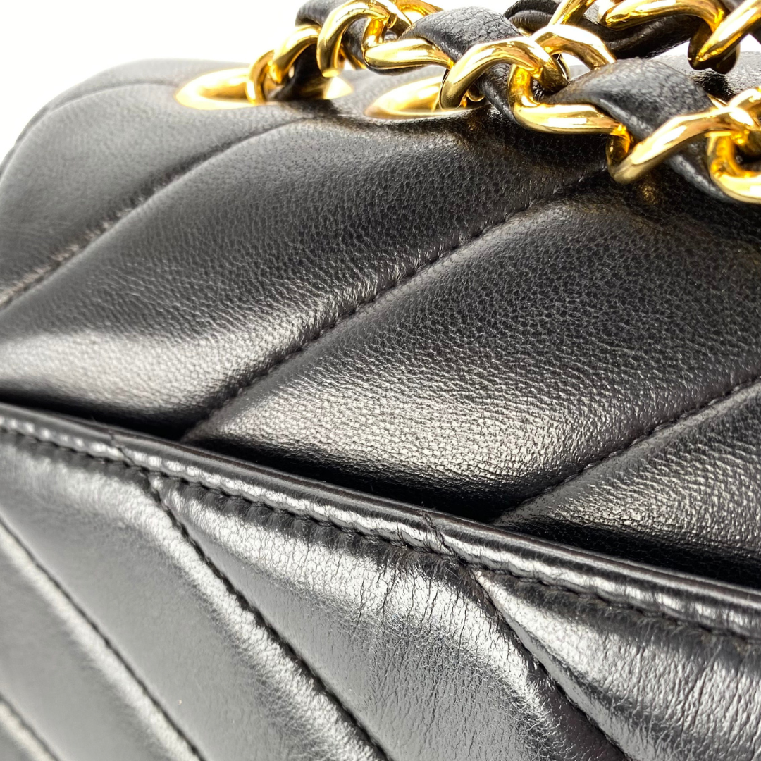 Eunho, 2 Series Single Flap Chevron Black Lambskin with seal and card