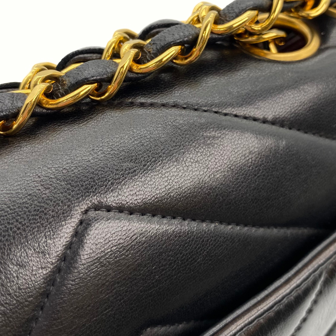 Eunho, 2 Series Single Flap Chevron Black Lambskin with seal and card
