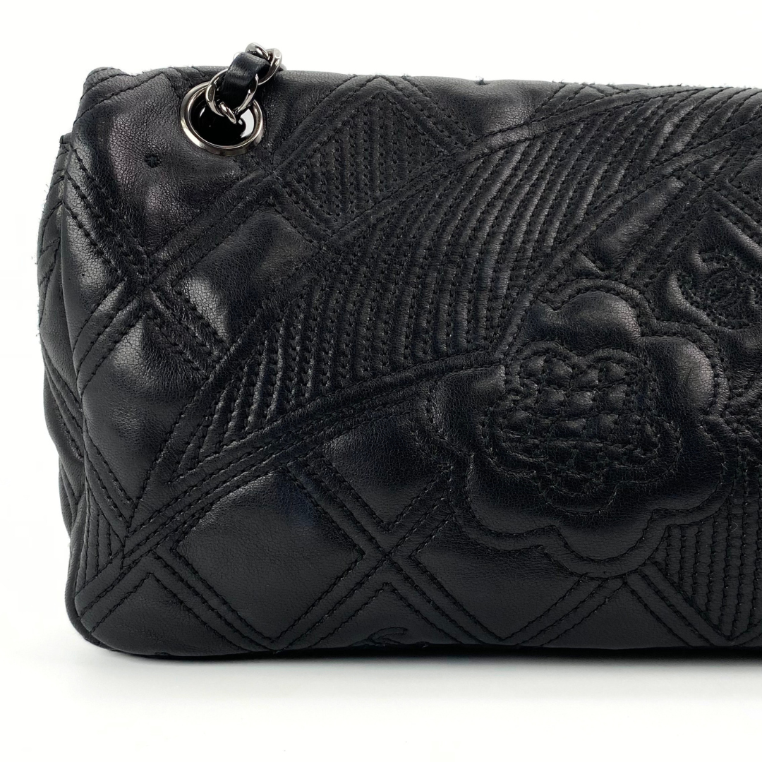 Ruelle, 10 Series Camellia Icon Motif Black Lambskin with seal only