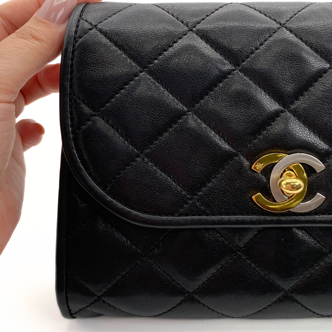 Arina, 3 Series Paris Black Lambskin Wallet On Chain with seal and card