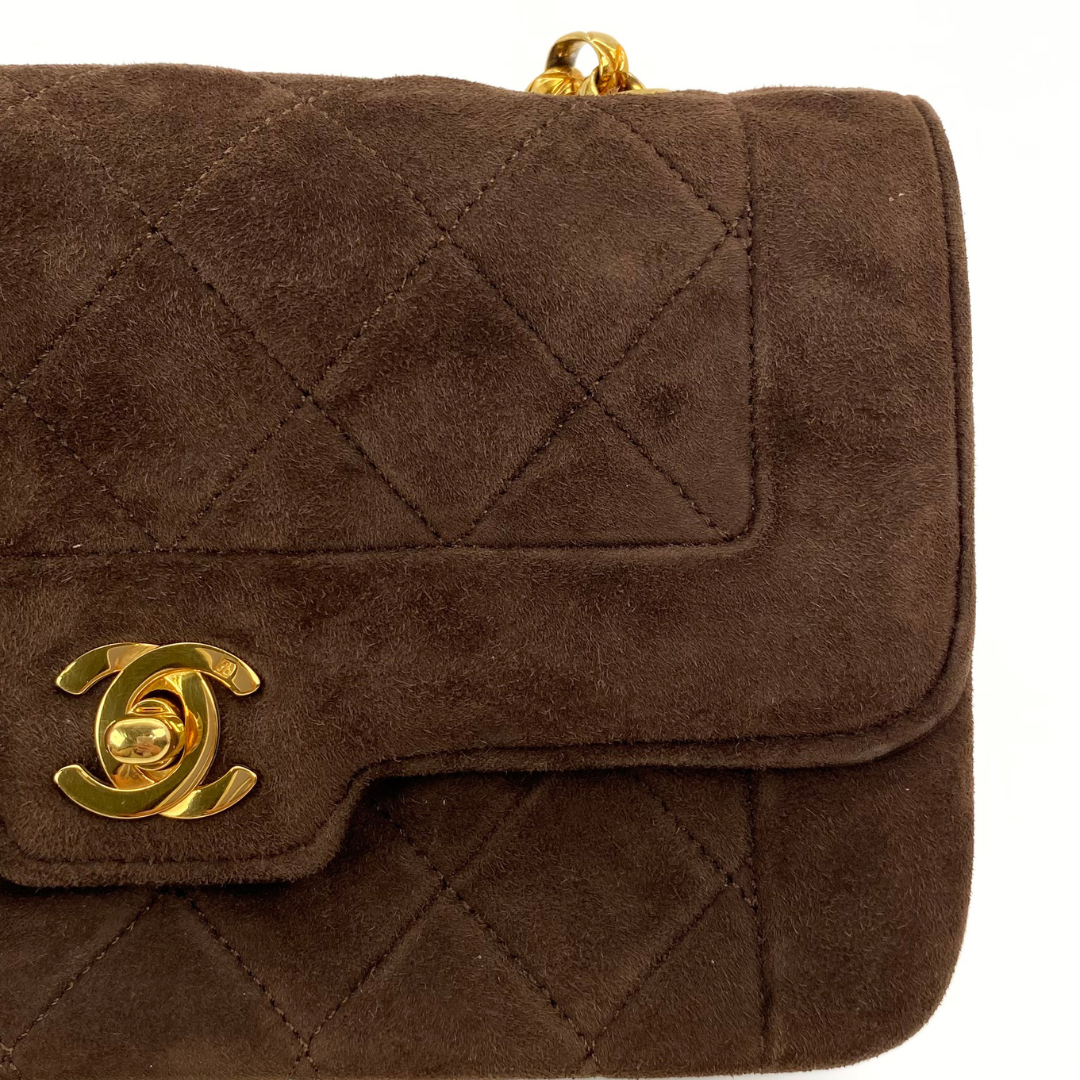 Vesper, 1 Series Mini Matelasse Bijou Chain Brown Suede Gold Hardware with seal only