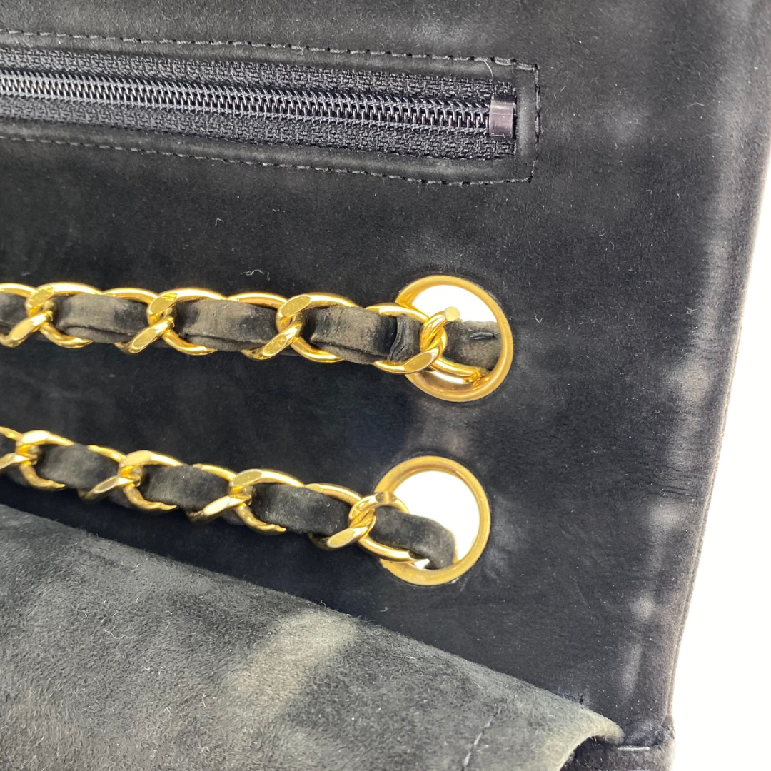 Jiho, 1 Series Medium Classic Flap Chevron Black Suede with seal and card