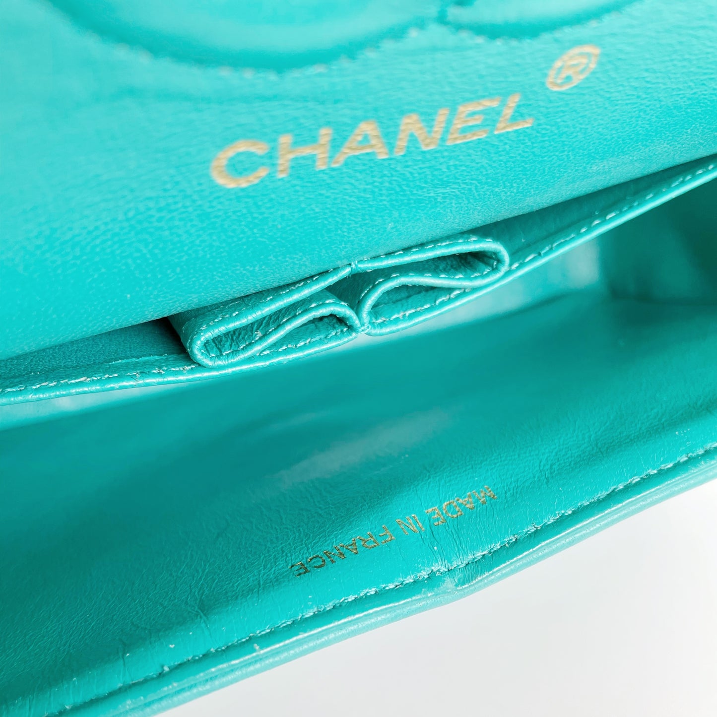 Nikko, Vintage Authentic Chanel 1 series small classic flap turquoise lambskin with seal