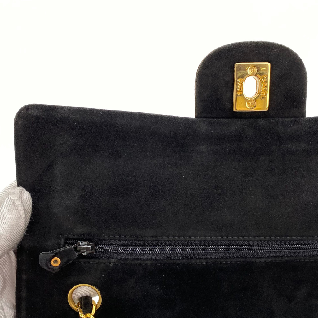 Jiho, 1 Series Medium Classic Flap Chevron Black Suede with seal and card