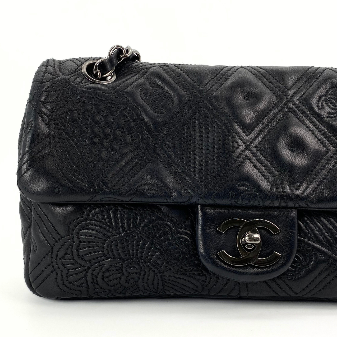 Ruelle, 10 Series Camellia Icon Motif Black Lambskin with seal only
