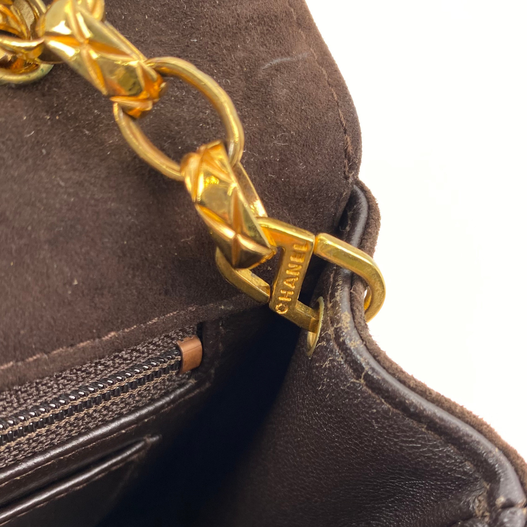 Vesper, 1 Series Mini Matelasse Bijou Chain Brown Suede Gold Hardware with seal only