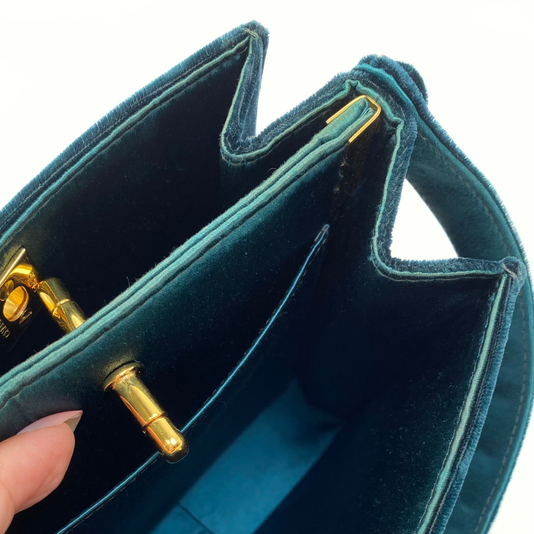 Taiki, 5 Series Turn Lock Green Velvet Top Handle Bucket Bag with seal and card