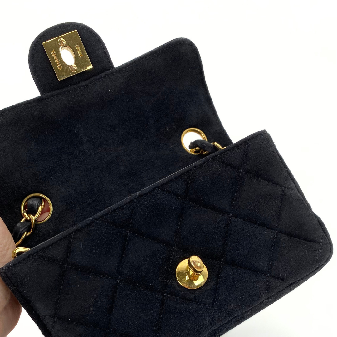 Yukina, 7 Series Mini Matelasse Black Suede Gold Hardware with seal only