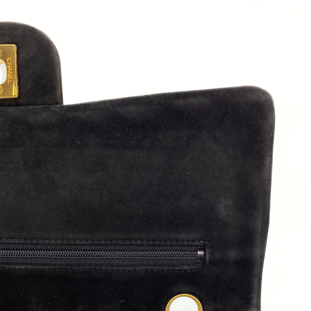 Jiho, 1 Series Medium Classic Flap Chevron Black Suede with seal and card