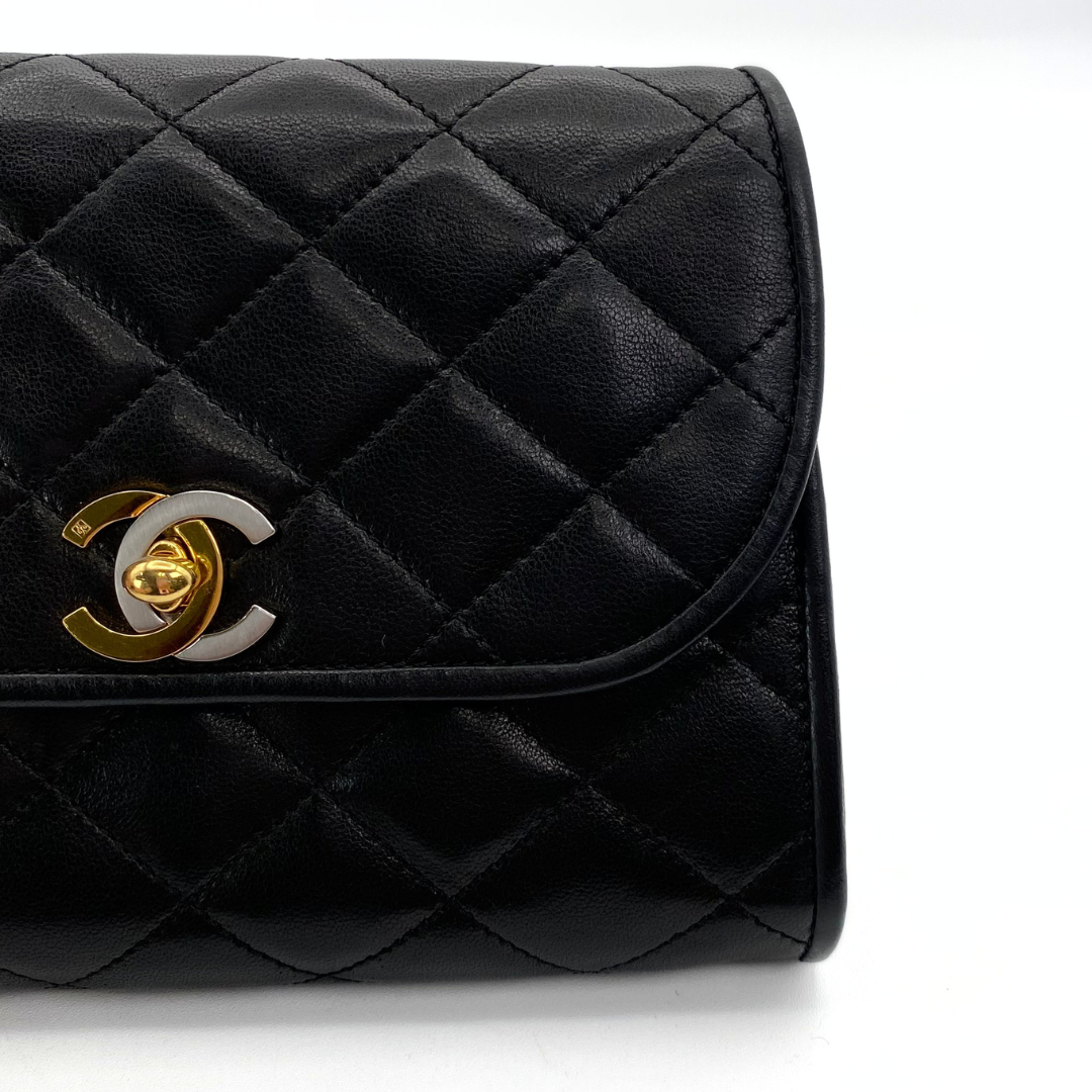 Arina, 3 Series Paris Black Lambskin Wallet On Chain with seal and card