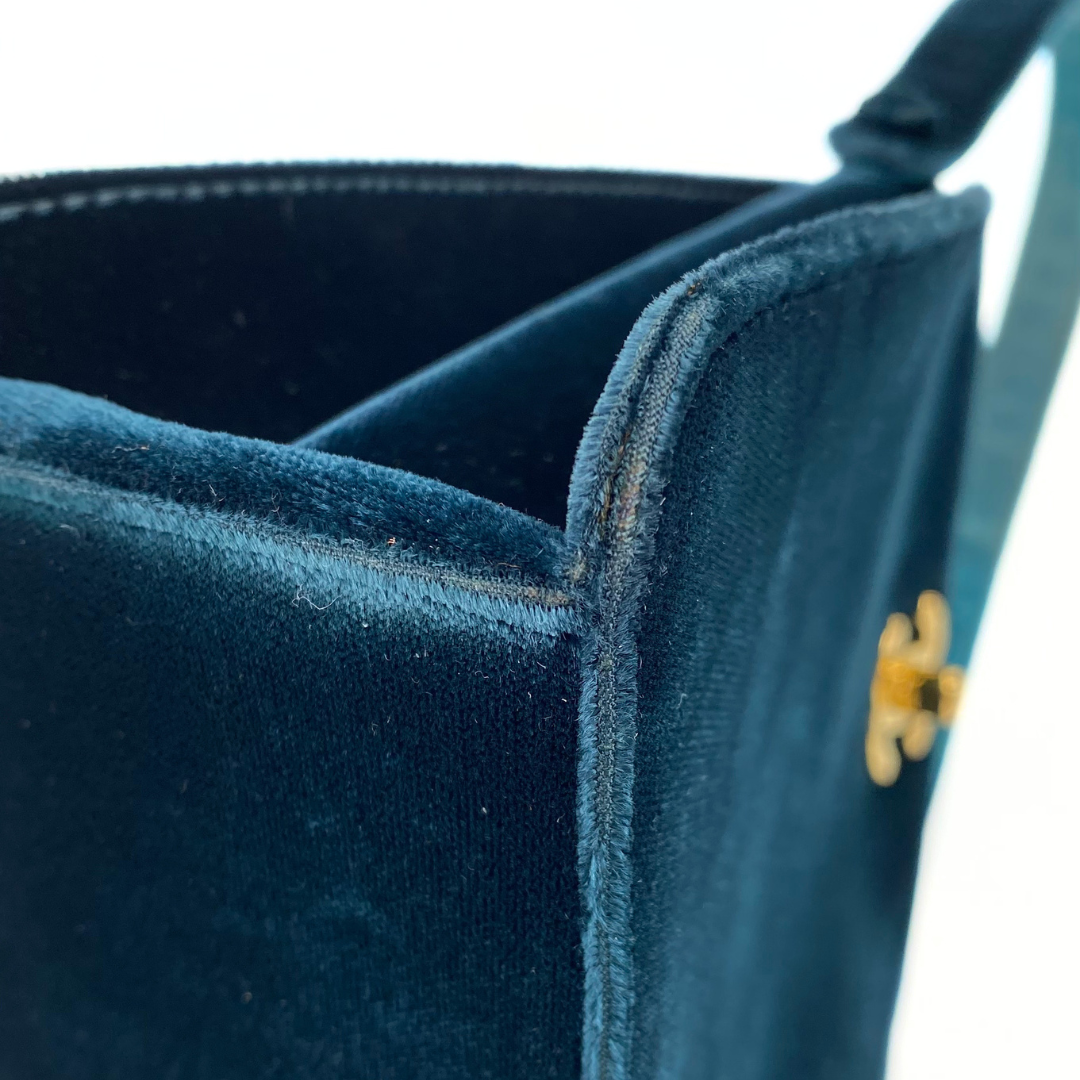 Taiki, 5 Series Turn Lock Green Velvet Top Handle Bucket Bag with seal and card