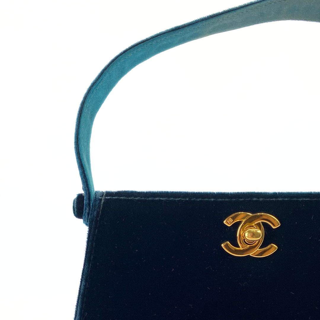 Taiki, 5 Series Turn Lock Green Velvet Top Handle Bucket Bag with seal and card