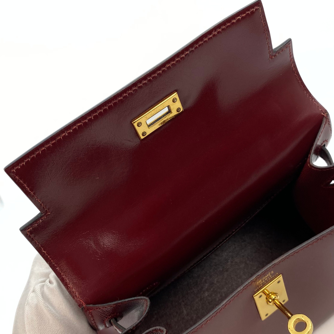 Kumala, 1989 Mini Kelly 20 Boxcalf Rouge Ash with stamp 〇S