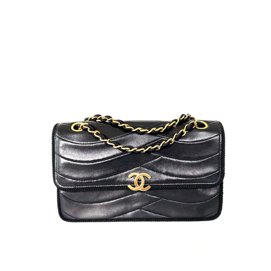 Taha, 0 Series Wave stitch black lambskin rope single flap with seal only