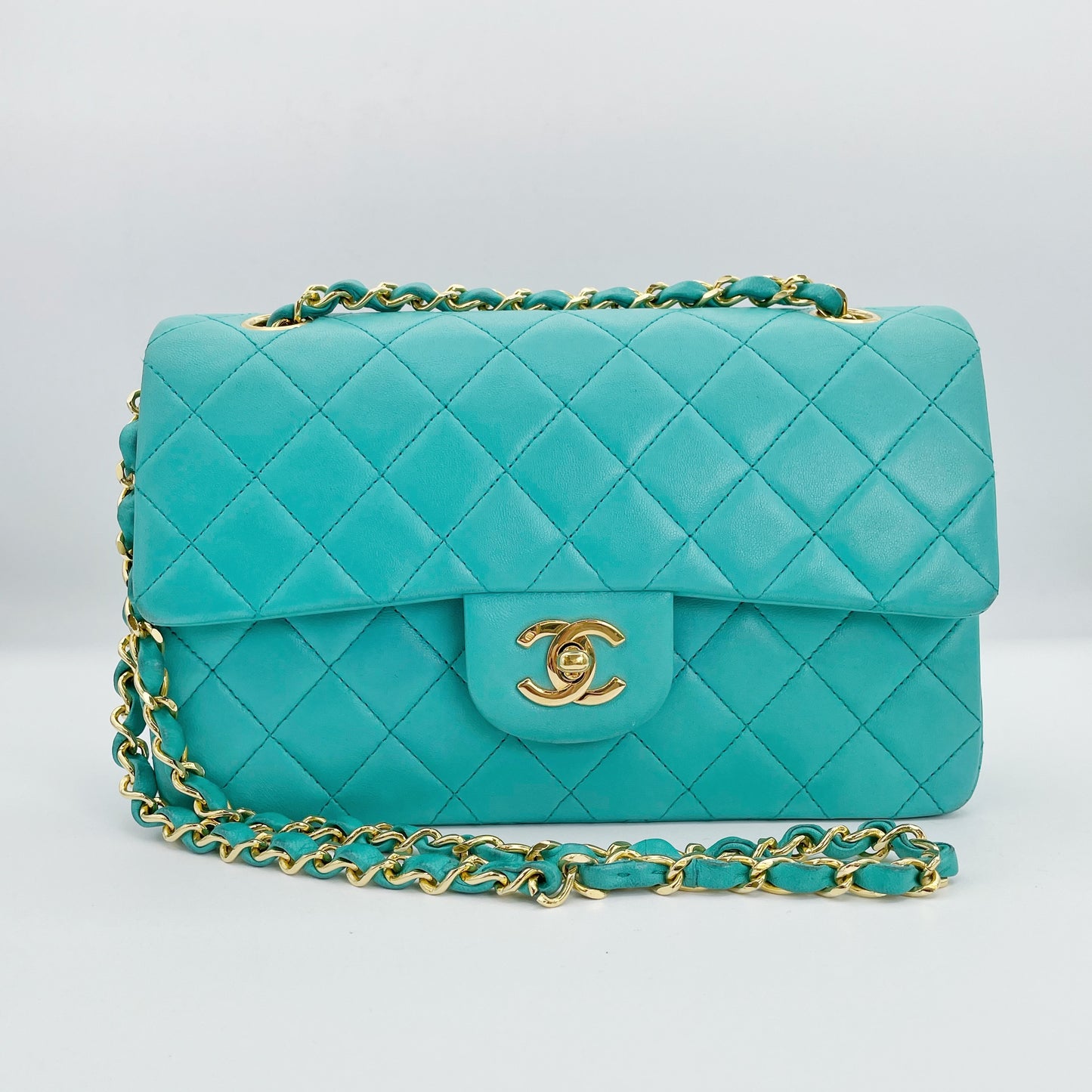 Nikko, Vintage Authentic Chanel 1 series small classic flap turquoise lambskin with seal