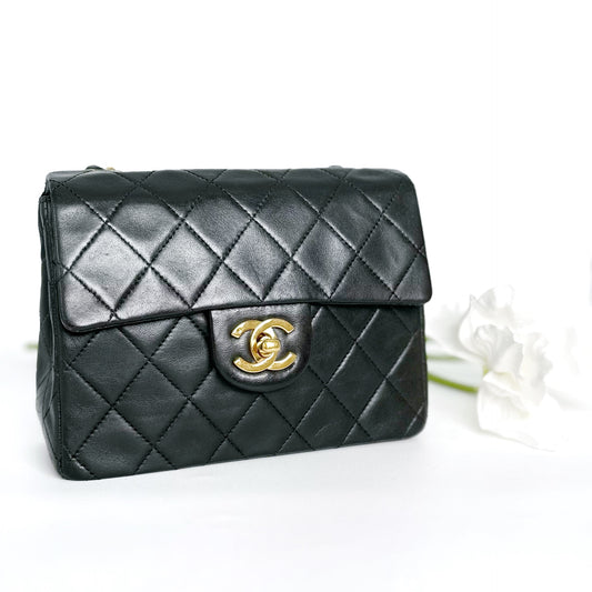 Akane, Vintage Authentic Chanel 0 series 17cm mini square black lambskin with seal