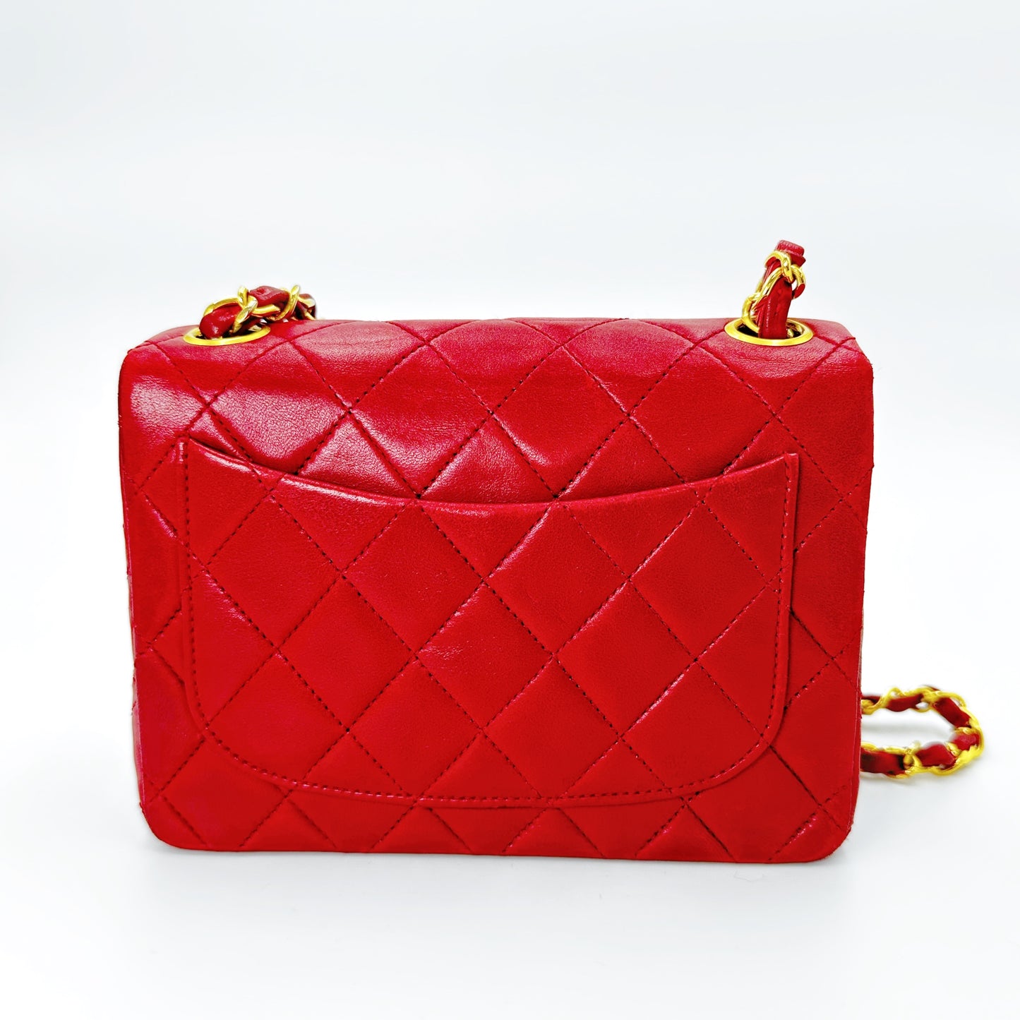 Chou, Vintage Authentic Chanel 1 series 17cm square mini red lambskin with seal