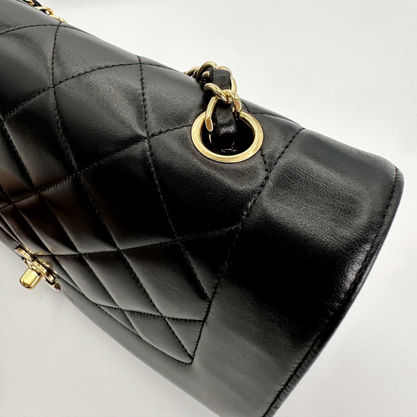 Jhene, Vintage Authentic Chanel 2 series medium black lambskin diana with seal and card