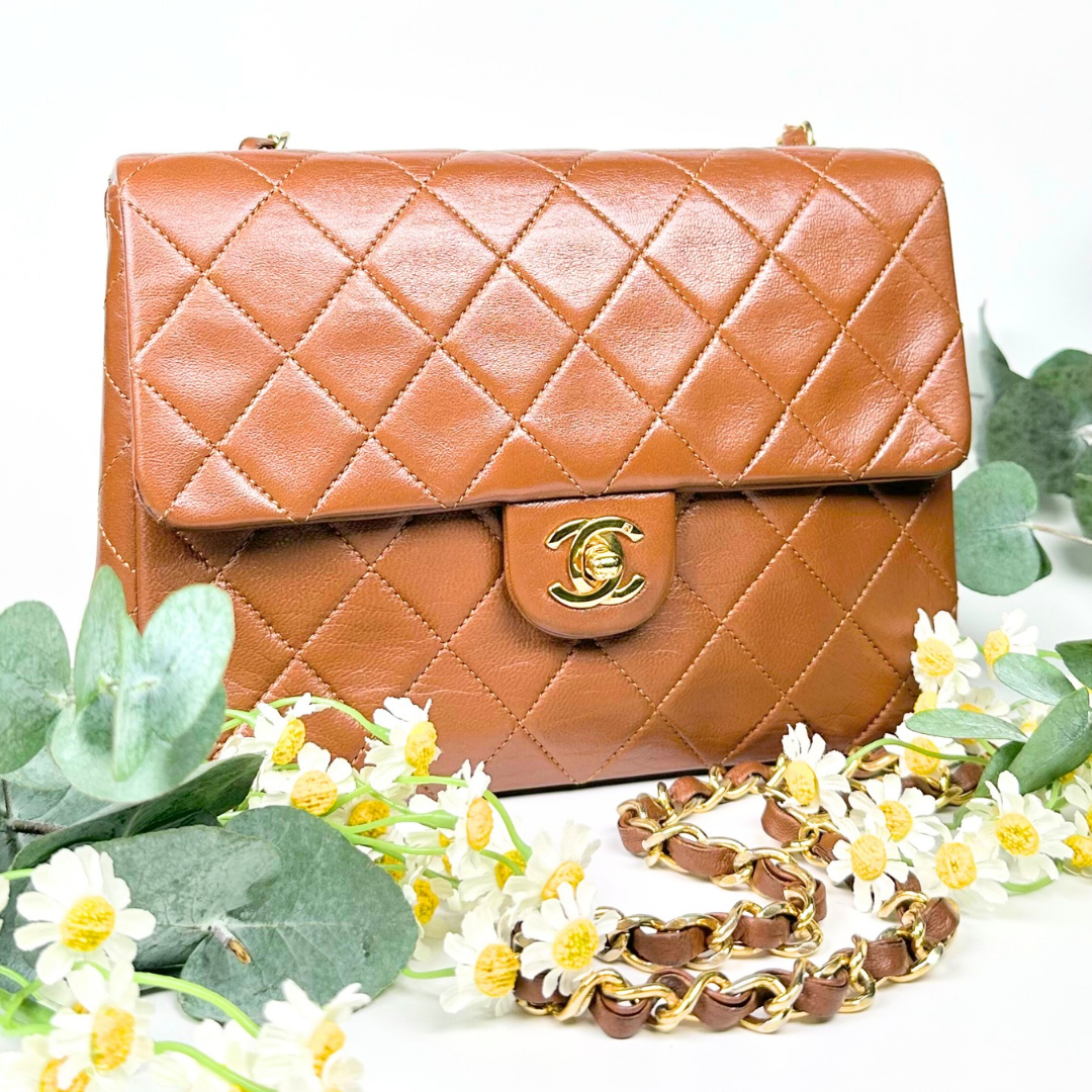 Ishwor, Vintage Authentic Chanel 1 series 20cm square mini caramel brown lambskin