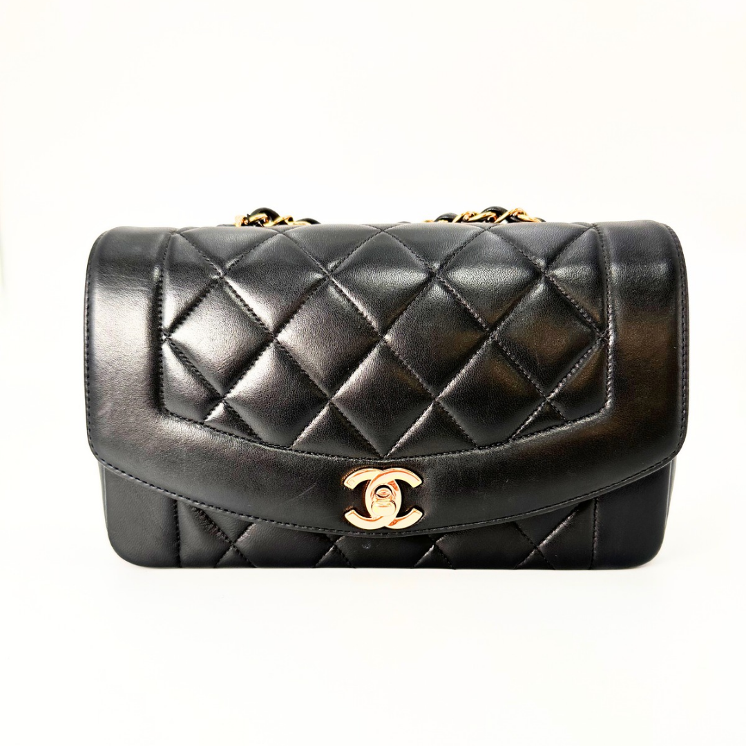 Henson, Vintage Authentic Chanel 4 series small black lambskin Diana with seal and card