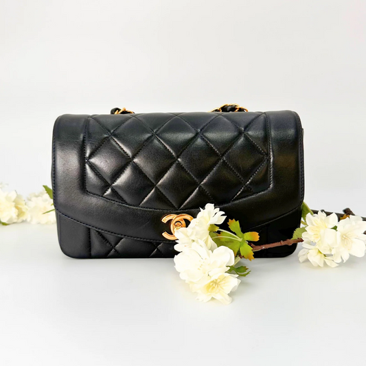 Henson, Vintage Authentic Chanel 4 series small black lambskin Diana with seal and card