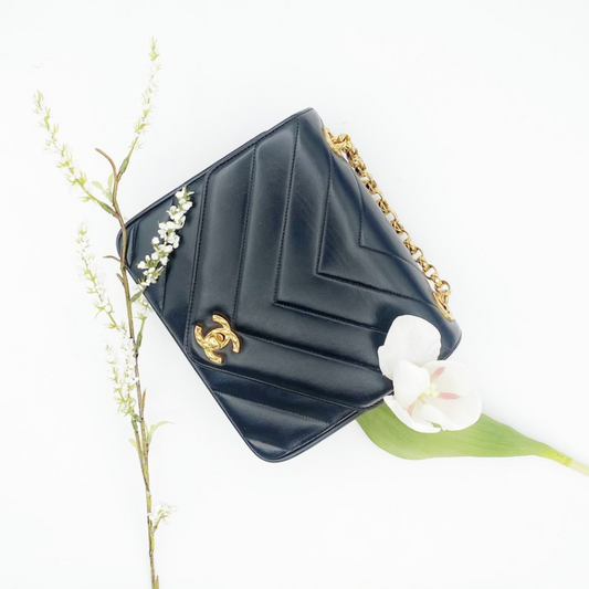 Kathryn Sr, Vintage Authentic Chanel 2 series chevron quilting bijou chain black lambskin with seal and card