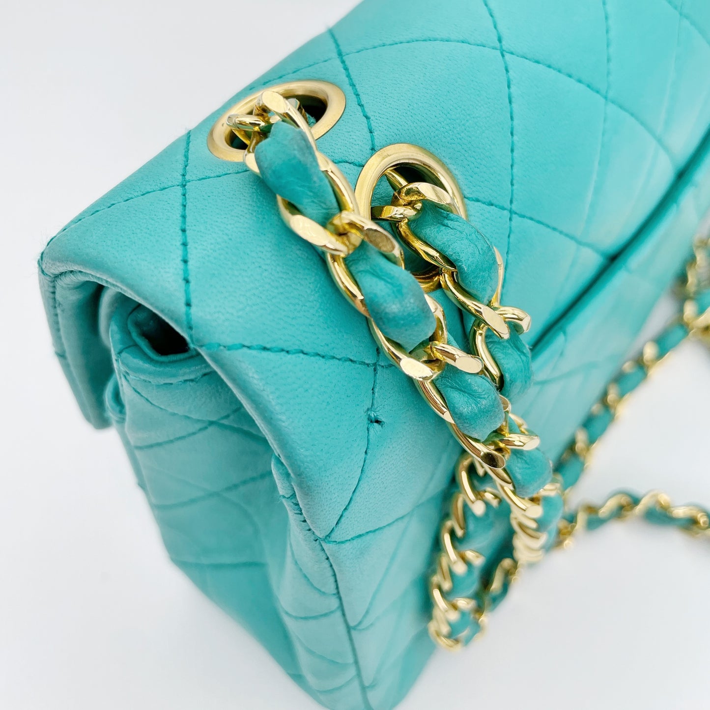 Nikko, Vintage Authentic Chanel 1 series small classic flap turquoise lambskin with seal