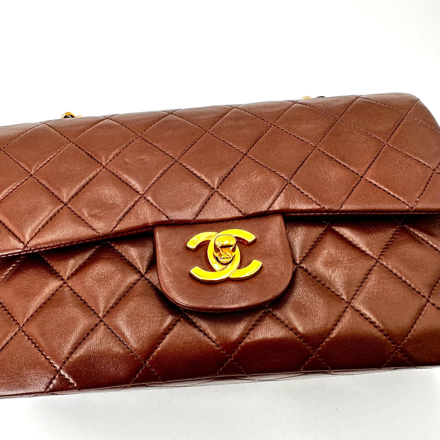 Honesty, Vintage Authentic Chanel 3 series small classic flap caramel lambskin with seal and card