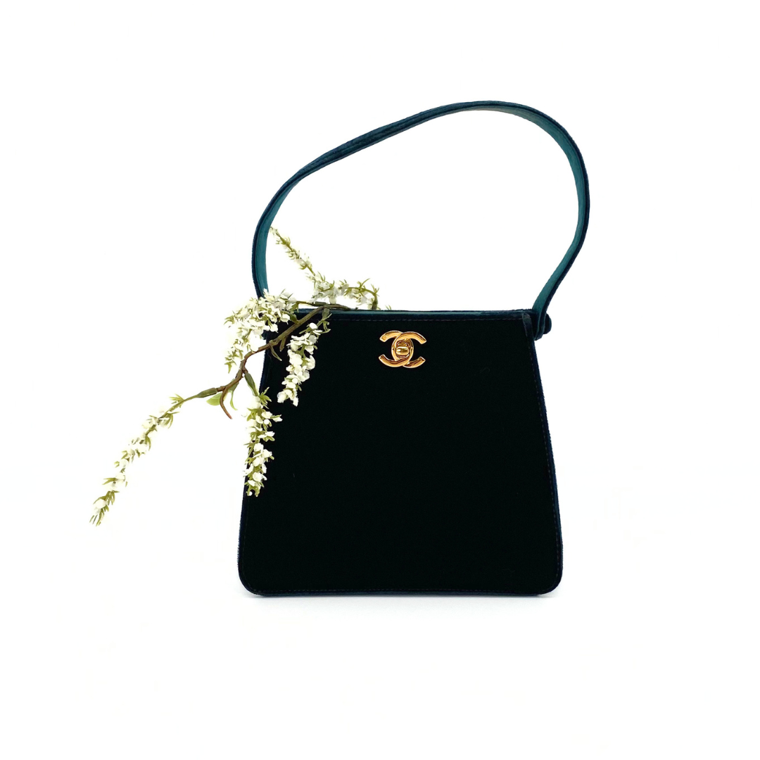 Taiki, 5 Series Turn Lock Green Velvet Top Handle Bucket Bag with seal and card