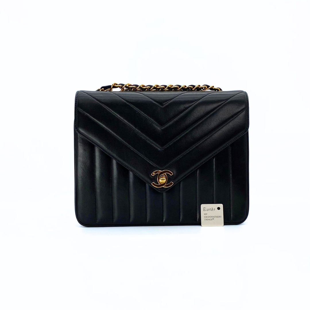 Eunho, 2 Series Single Flap Chevron Black Lambskin with seal and card