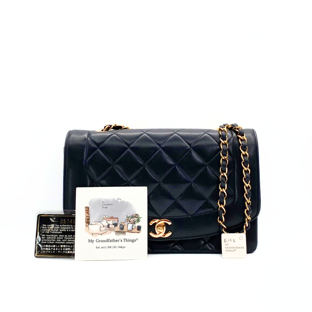 Ellis, 2 Series Medium Diana Navy Lambskin Gold Hardware with seal and card