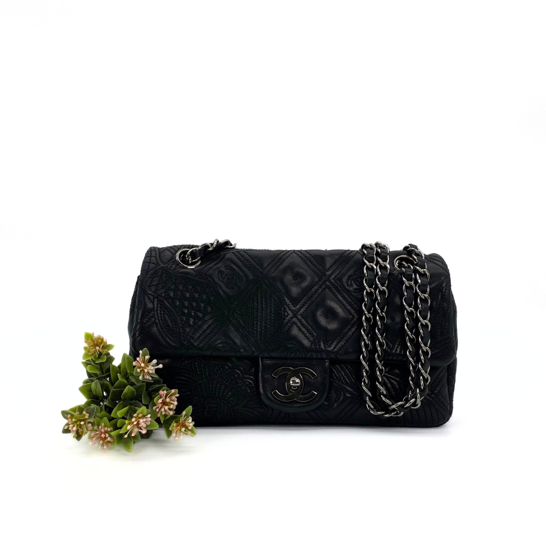 Ruelle, 10 Series Camellia Icon Motif Black Lambskin with seal only
