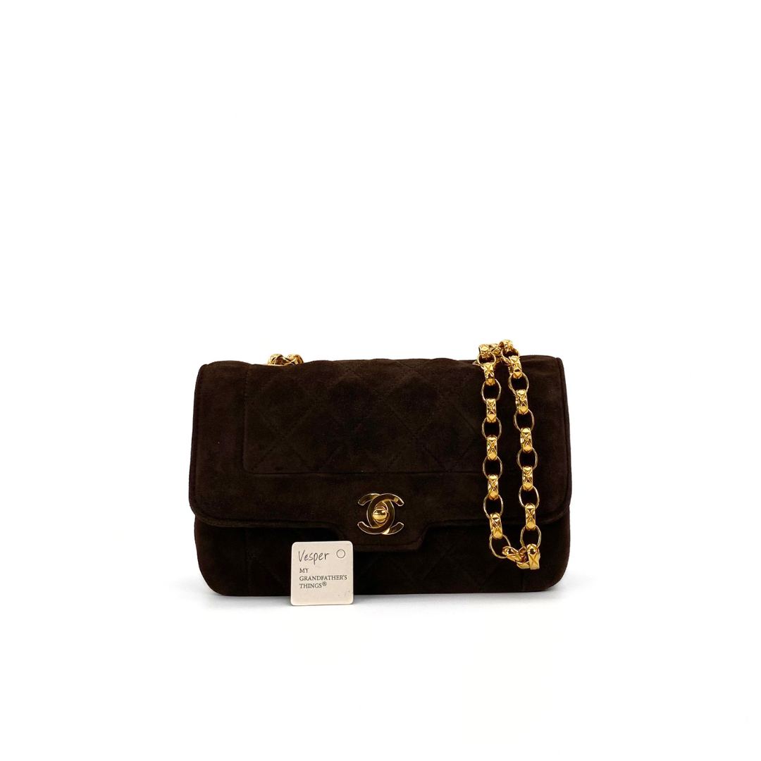 Vesper, 1 Series Mini Matelasse Bijou Chain Brown Suede Gold Hardware with seal only