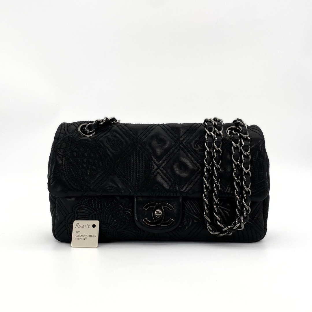 Ruelle, 10 Series Camellia Icon Motif Black Lambskin with seal only