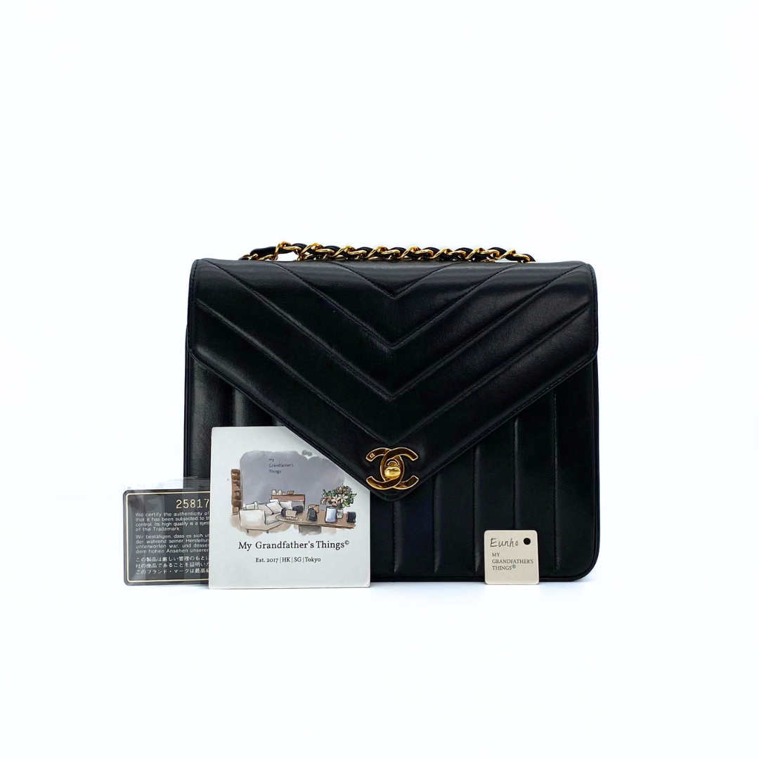 Eunho, 2 Series Single Flap Chevron Black Lambskin with seal and card