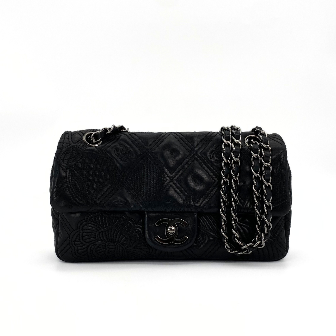 Ruelle, 10 Series Camellia Icon Motif Black Lambskin with seal only