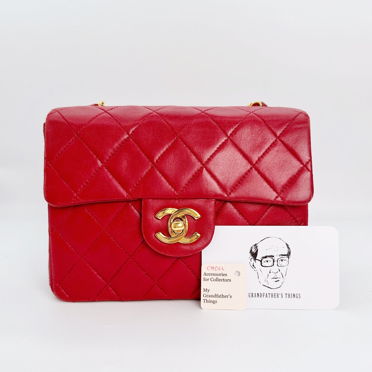 Chou, Vintage Authentic Chanel 1 series 17cm square mini red lambskin with seal