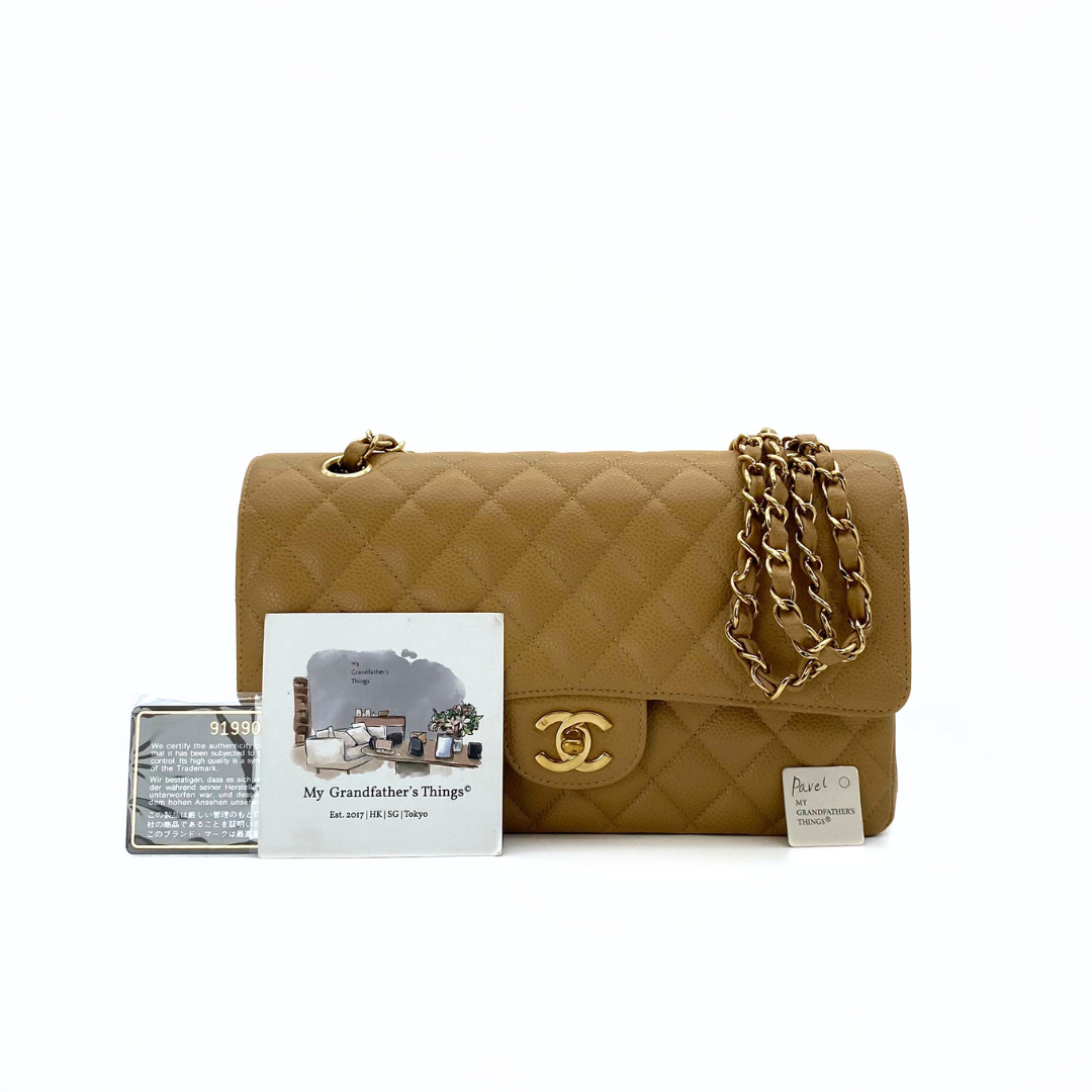 Pavel, 9 Series Medium Classic Flap Milk Tea Caviar with seal and card