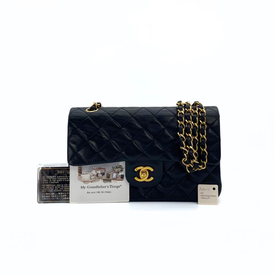 Adara, 3 Series Small Classic Flap Black Lambskin with seal and card